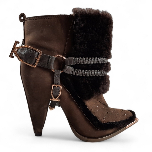 IVY KIRZHNER Shearling Rose Gold Harness Stud Leather Olive Brown Heeled Boot 8 - Picture 1 of 14
